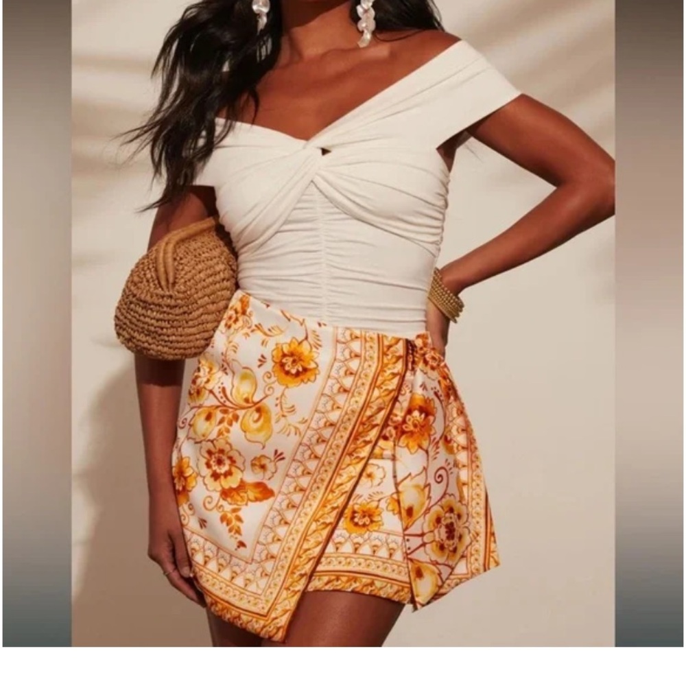 Orange and White Satin Floral Wrap Mini Skirt